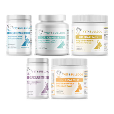 Bully Total Joint ULTIMATE Mobility Bundle (60lb and Over) with Bully Joint & Bone Total Care (60lb & Over / 84 Chews), Bully Fish Oil EFA DS (Sm-Med-Lg / 90 DS-chews), Bully Multivitamin Plus Optimized Formula, Bully StressLess & Calming Aid, Bulldog Immune Support Plus Chews on a white background.