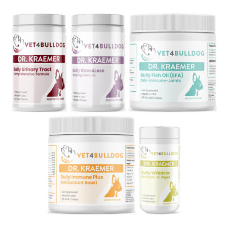 Bully Urinary Incontinent DribbleLess Ultimate Bundle with Bully UTI & Urinary Health Chews, Wrinkle & Skinfold Antiseptic XL Wipes, Bully StressLess & Calming Aid, Bully Fish Oil EFA (Sm-Med | 60 Chews), Bulldog Immune Support Plus Chews on a white background.