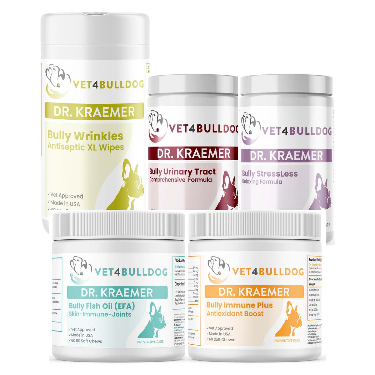 Dr. Kraemer’s Bully Urinary Incontinent DribbleLess Ultimate Bundle, current Vet4Bulldog products in a closeup bundle packshot