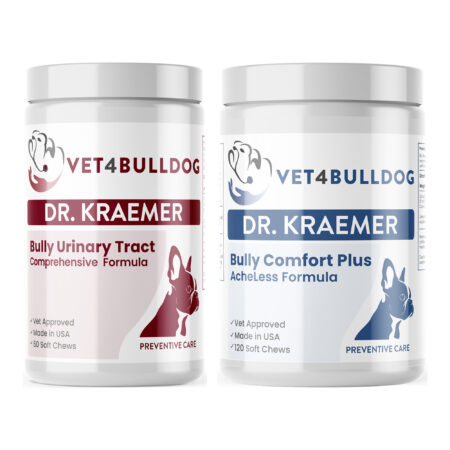 Bully Urinary Tract Health Basic Bundle with Bully UTI & Urinary Health Chews, Bulldog Comfort Plus AcheLess Formula on a white background.