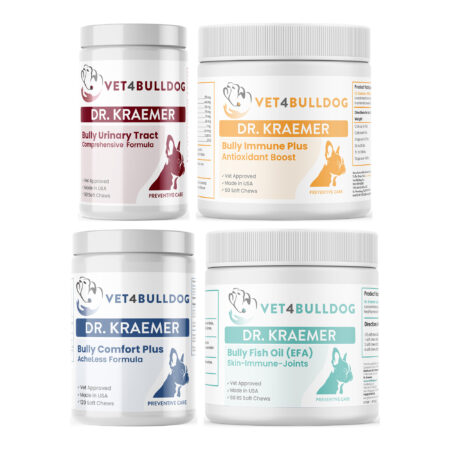 Bully Urinary Tract Health ULTIMATE Bundle with Bully UTI & Urinary Health Chews, Bulldog Immune Support Plus Chews, Bulldog Comfort Plus AcheLess Formula, Bully Fish Oil EFA (Sm-Med | 60 Chews) on a white background.