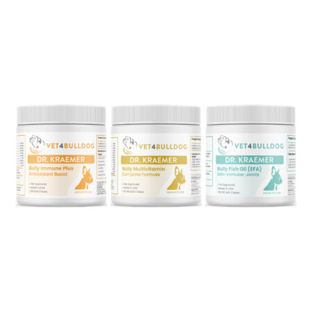 Bully Vital Health Bundle with Bulldog Immune Support Plus Chews, Bully Multivitamin Plus Optimized Formula, Bully Fish Oil EFA (Sm-Med | 60 Chews) on a white background.
