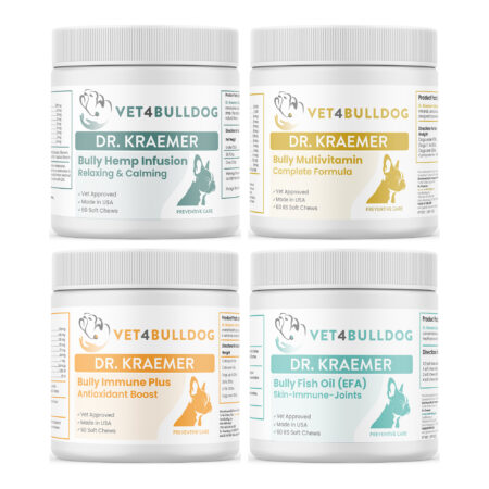 Bully Vital Ultimate Health Bundle with Bully HEMP Relax & Calm, Bully Multivitamin Plus Optimized Formula, Bulldog Immune Support Plus Chews, Bully Fish Oil EFA (Sm-Med | 60 Chews) on a white background.