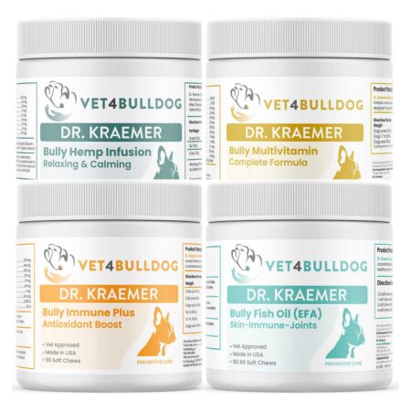 Dr. Kraemer’s Bully Vital Ultimate Health Bundle, current Vet4Bulldog products in a closeup bundle packshot