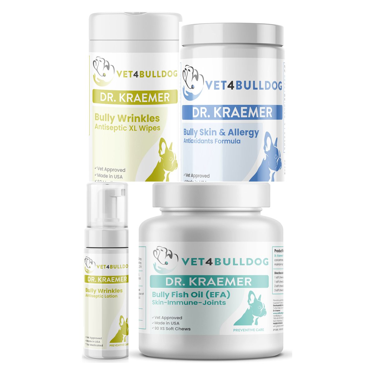 Dr. Kraemer’s Bully Wrinkles Skin and Allergies Vital Care Bundle, current Vet4Bulldog products in a closeup bundle packshot