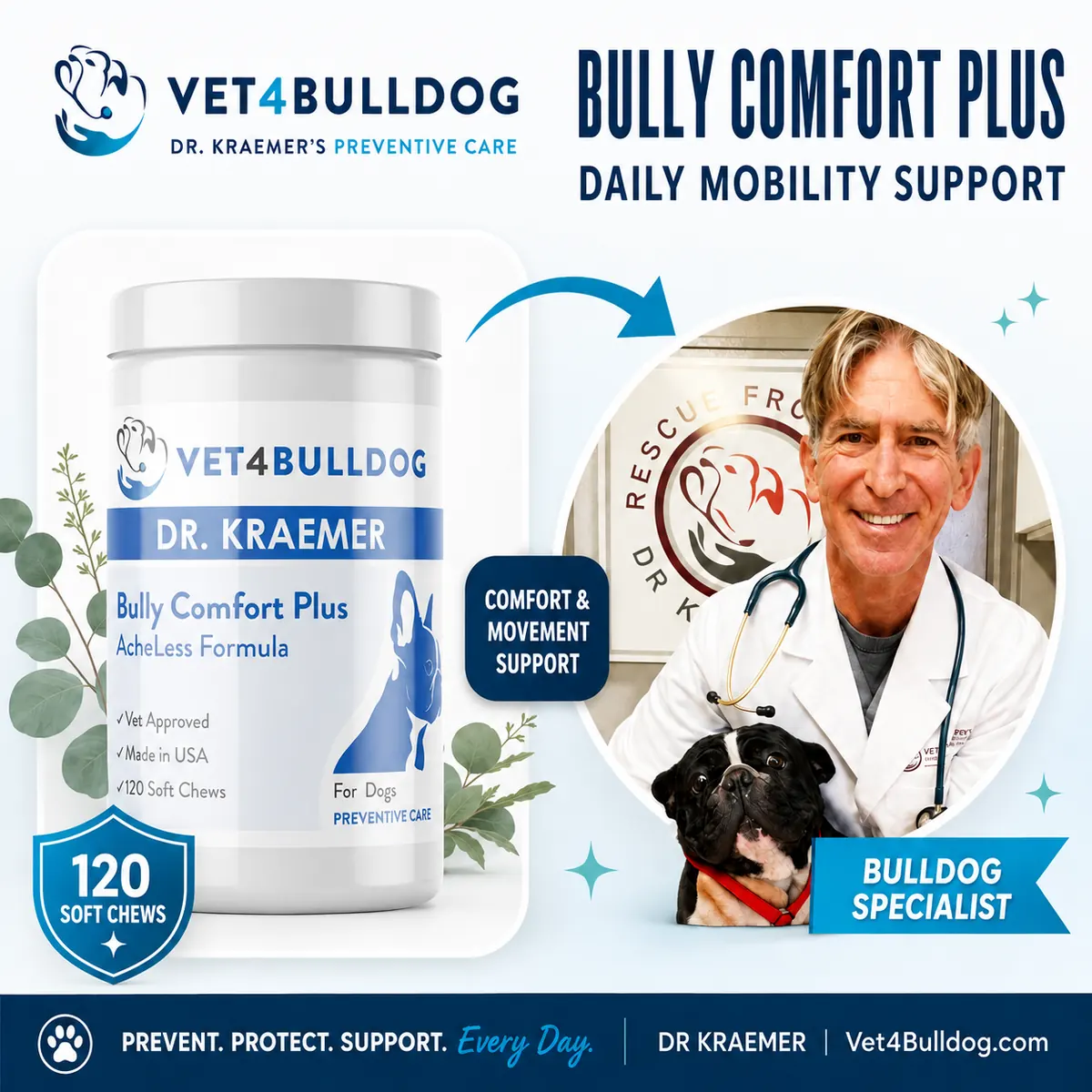 Dr. Kraemer with a Bulldog beside the Bully Comfort Plus AcheLess Formula supplement.