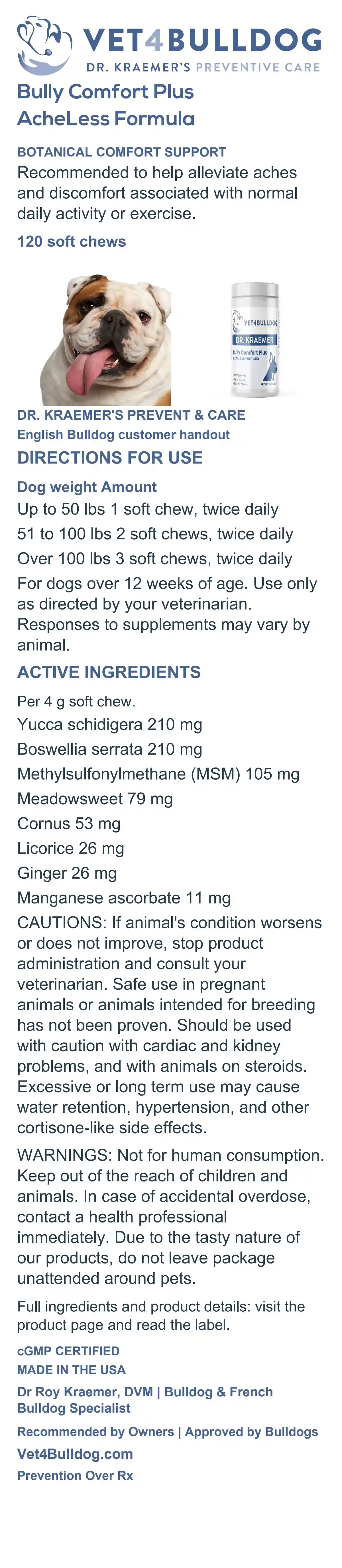 Complete English Bulldog Comfort Plus AcheLess customer handout with current 120-chew label, weight-based directions, active ingredients, cautions and warnings