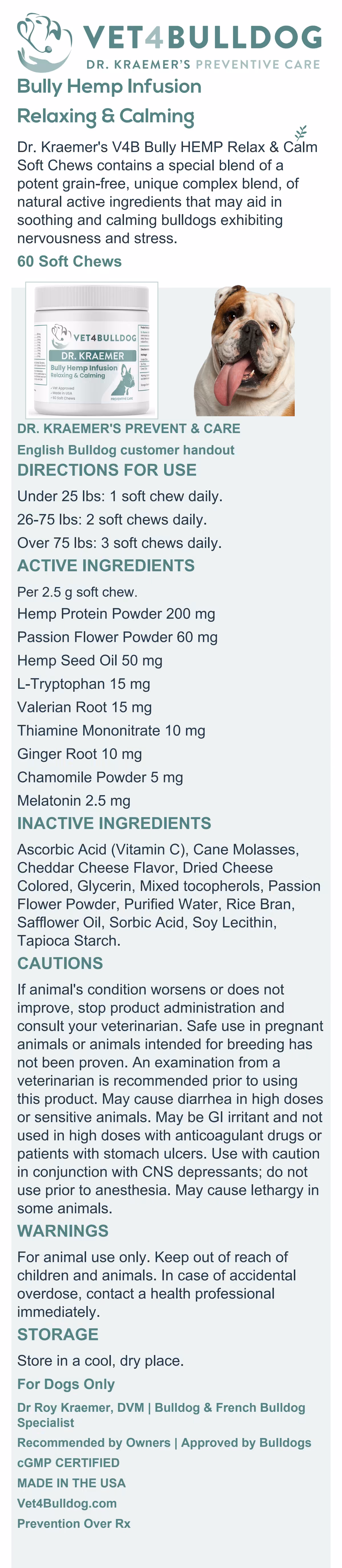 English Bulldog Hemp Infusion handout with current 60-chew jar, directions, ingredients, cautions and warnings.