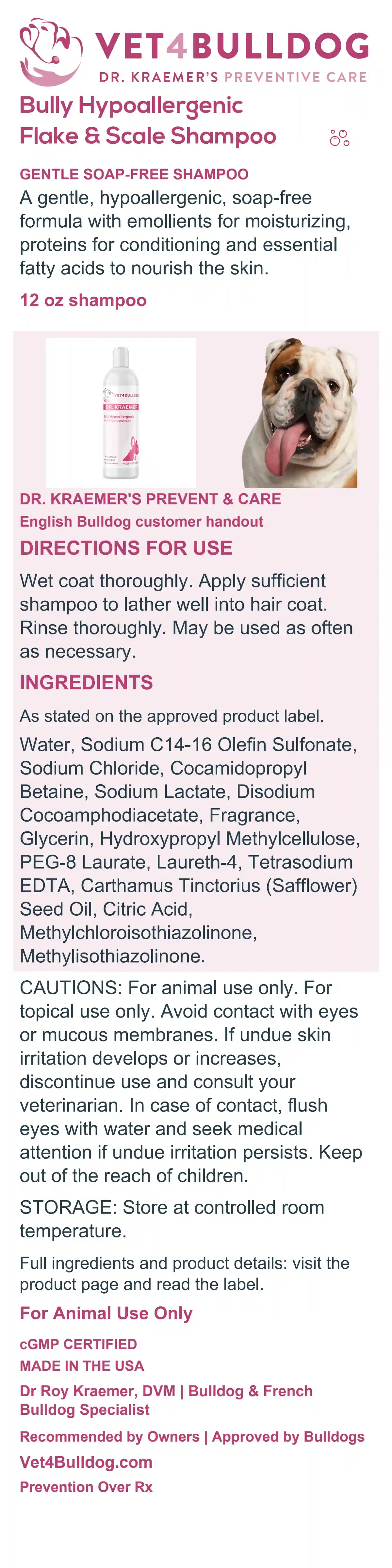 Complete English Bulldog Hypoallergenic Shampoo handout with current 12-ounce bottle, directions, ingredients and cautions.