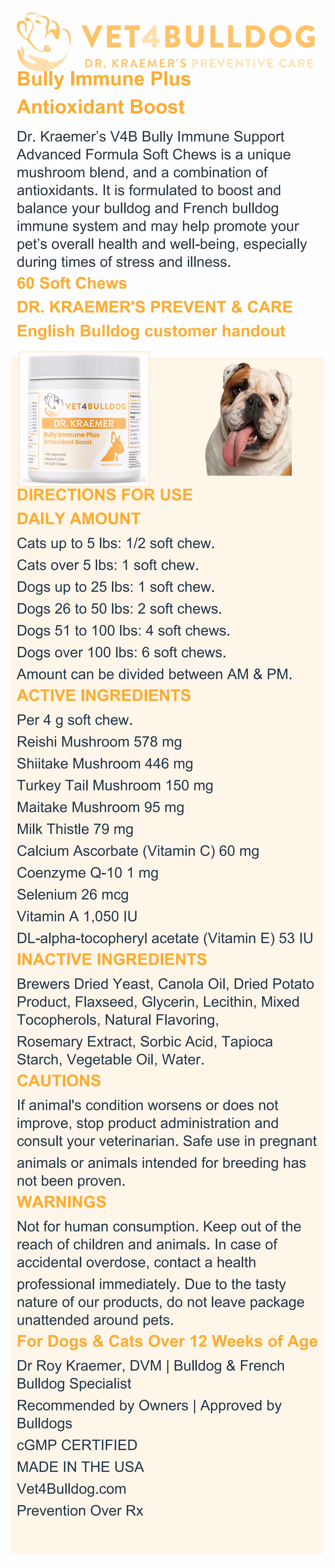 English Bulldog Immune Plus handout with current 60-chew jar, daily directions, active ingredients, cautions and warnings.
