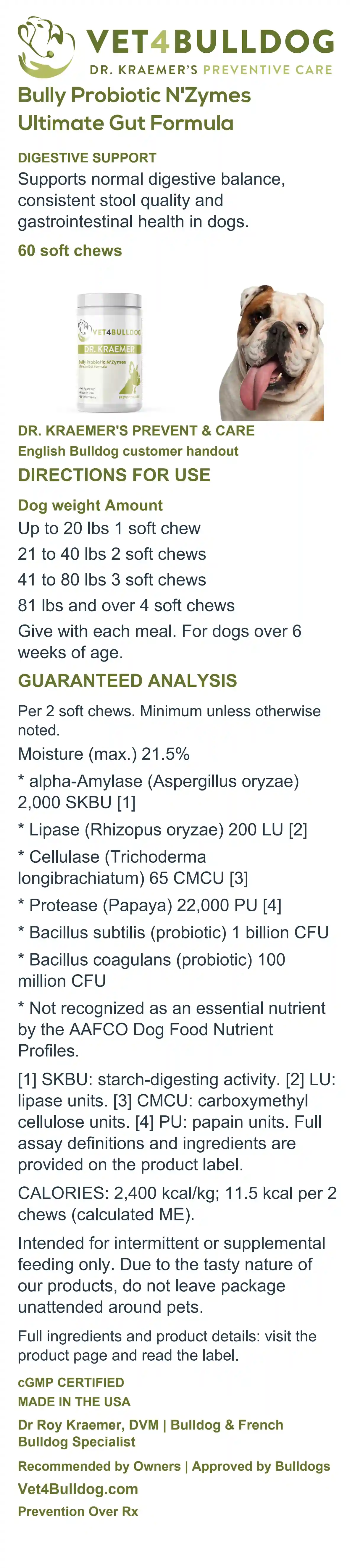 Complete English Bulldog Probiotic N’Zymes customer handout with current 60-chew label, meal-based directions, guaranteed analysis, enzyme units and feeding cautions