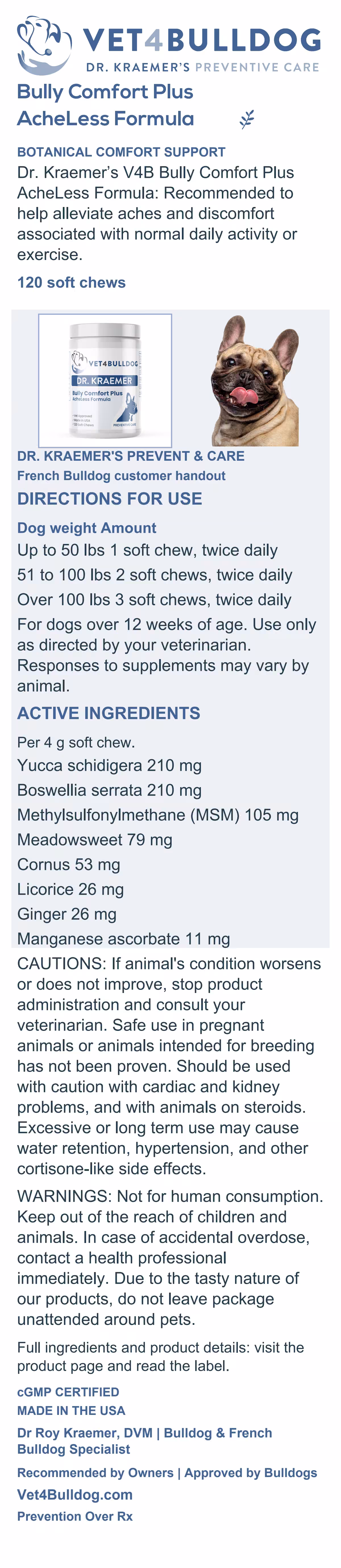 French Bulldog Comfort Plus AcheLess handout with current 120-chew jar, feeding directions, active ingredients and cautions.