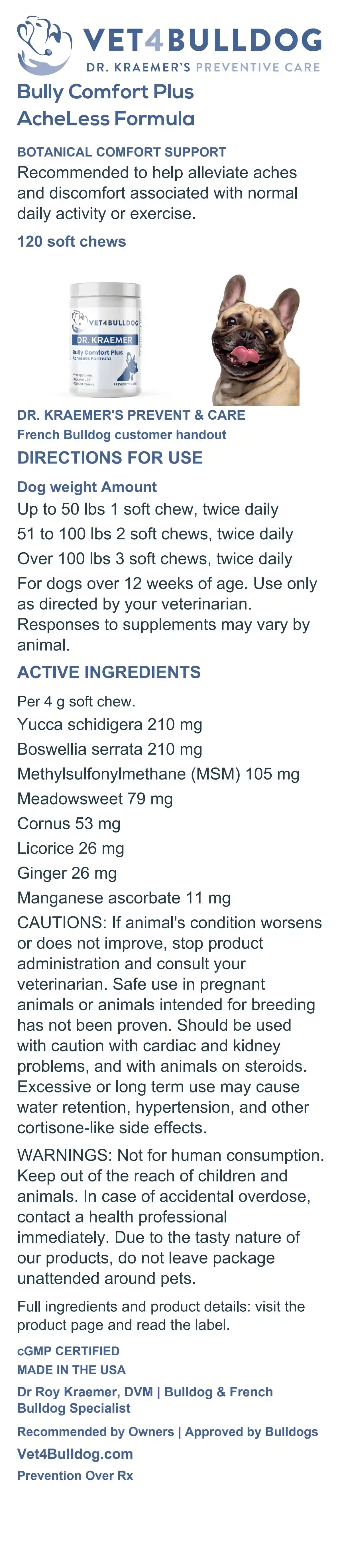 Complete French Bulldog Comfort Plus AcheLess customer handout with current 120-chew label, weight-based directions, active ingredients, cautions and warnings