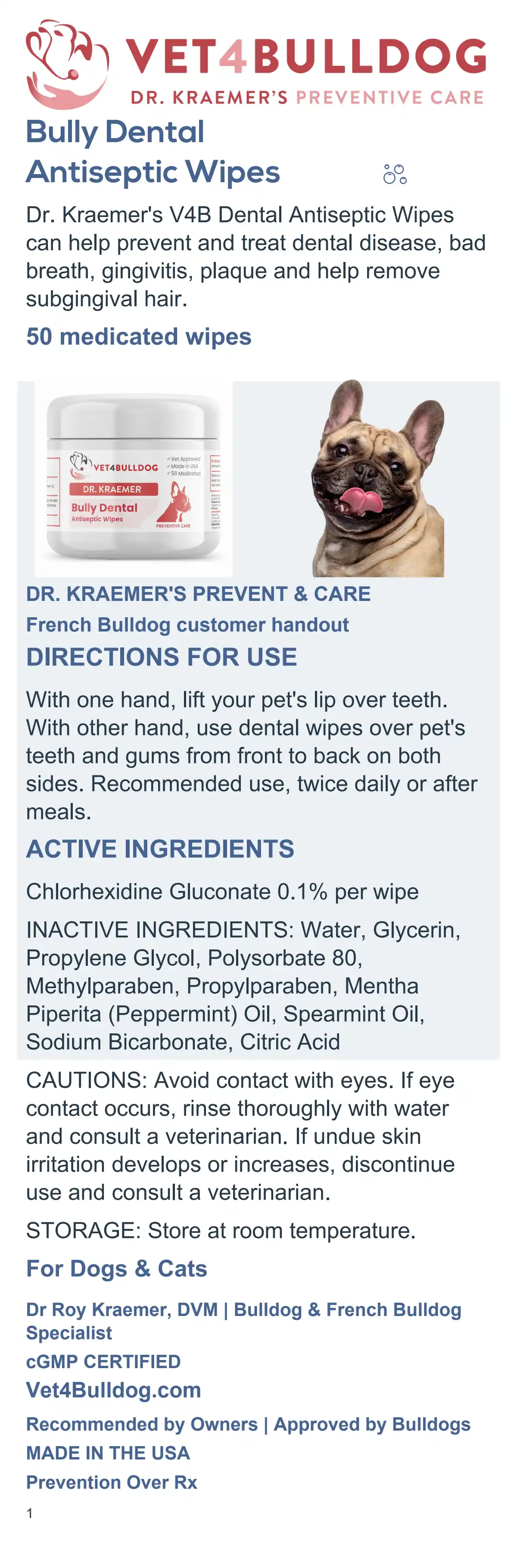 French Bulldog customer handout for Bully Dental Antiseptic Wipes, 50 wipes, with current label directions and cautions.