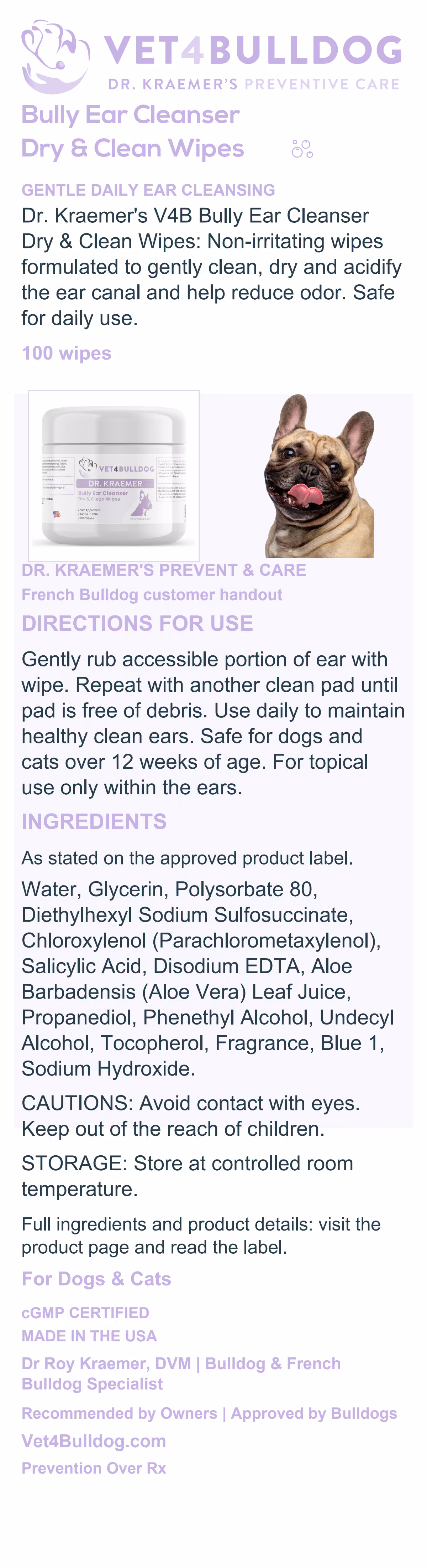 Complete French Bulldog Ear Cleanser Dry and Clean Wipes handout with 100 wipes, directions, ingredients, cautions and storage.