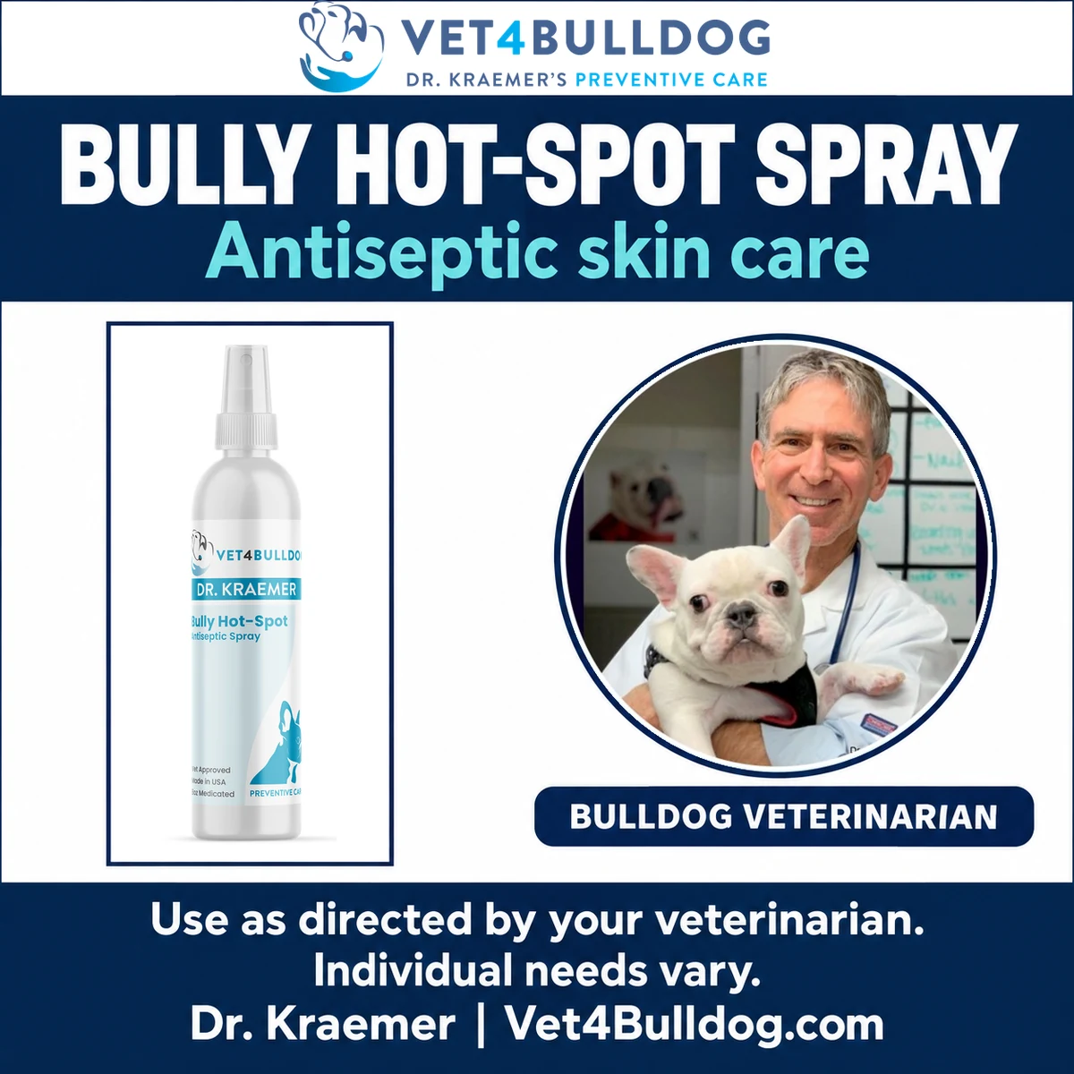 Bully Hot Spot Antiseptic Spray beside Dr. Roy Kraemer holding a white French Bulldog