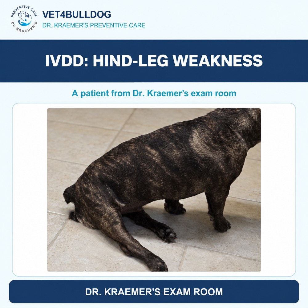 French Bulldog patient with IVDD hind-leg weakness from Dr. Kraemer’s exam room