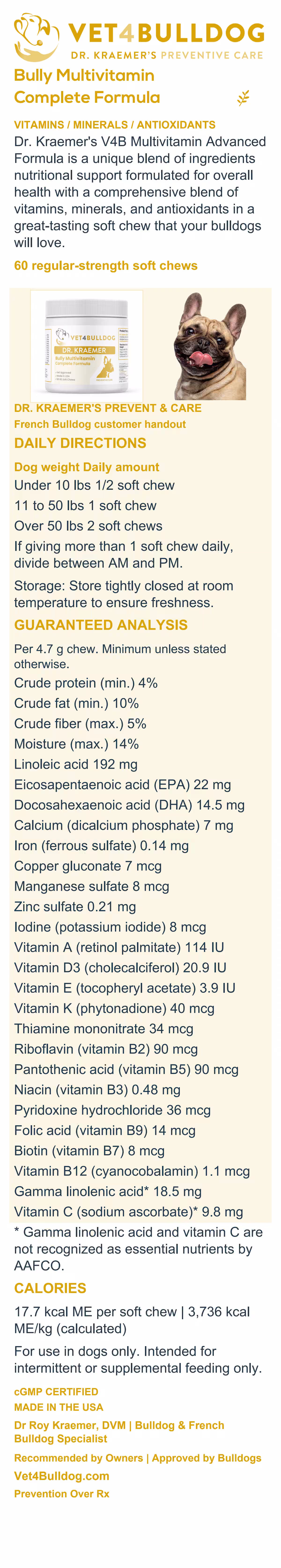 French Bulldog Multivitamin handout with current 60-chew jar, daily directions, full nutrient analysis and storage.