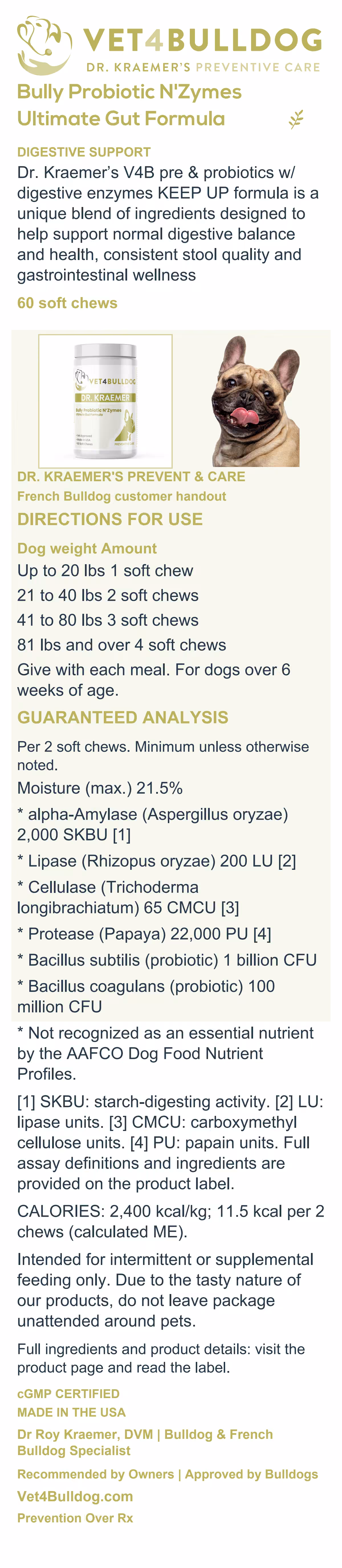 French Bulldog Probiotic N’Zymes KEEP UP handout with current 60-chew jar, feeding directions, guaranteed analysis and cautions.