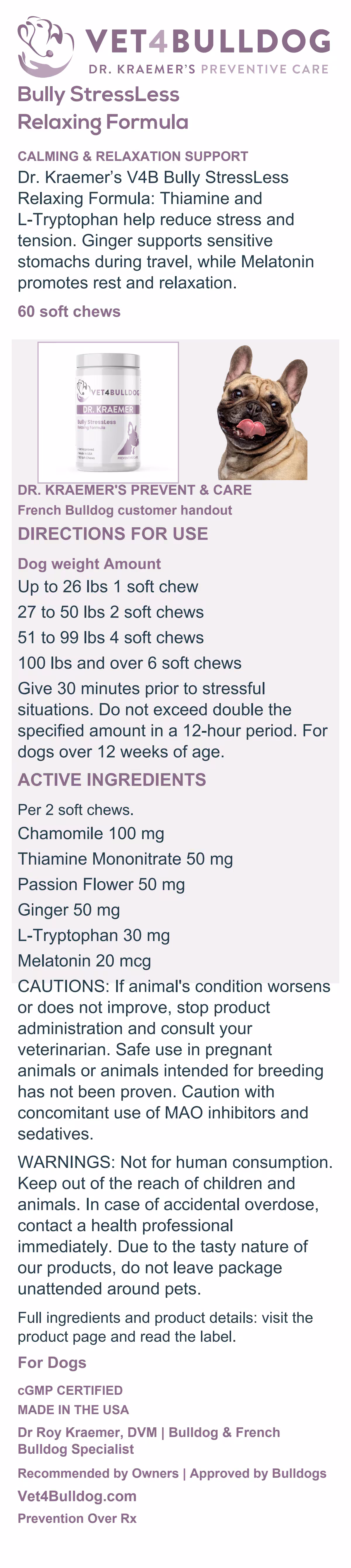 French Bulldog StressLess handout with current 60-chew jar, daily directions, active ingredients, cautions and warnings.