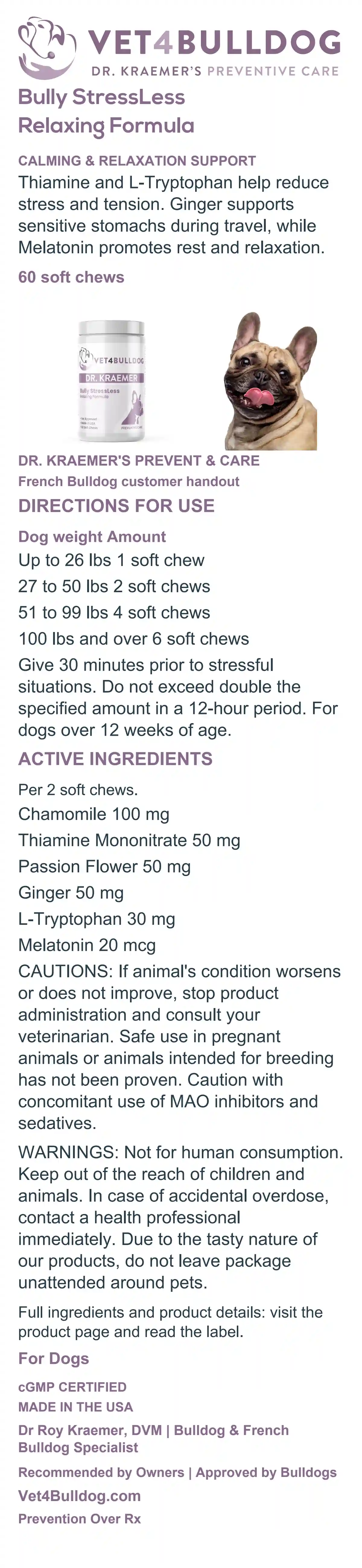 Complete French Bulldog Bully StressLess customer handout with current 60-chew label, weight-based directions, active ingredients, cautions and warnings