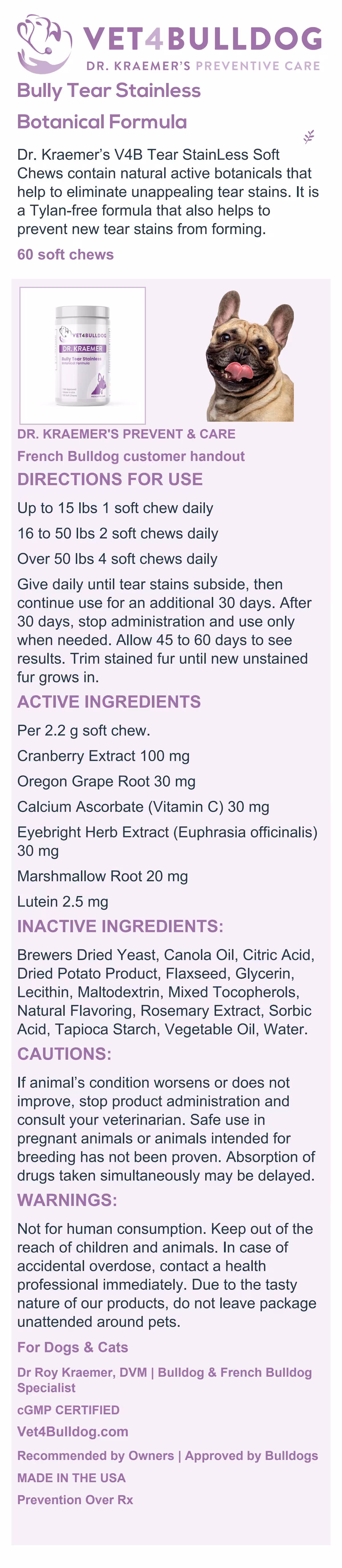 French Bulldog Tear StainLess botanical chews handout with current 60-chew jar, feeding directions, active ingredients, cautions and warnings.