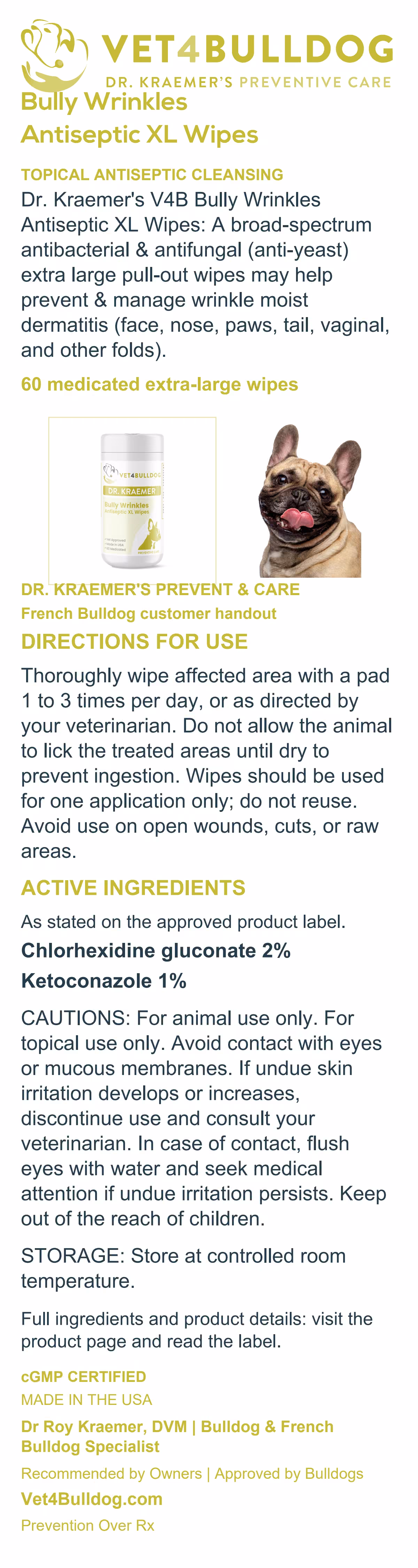 French Bulldog Wrinkles Antiseptic XL Wipes handout with current 60-wipe jar, directions, ingredients, cautions and storage.