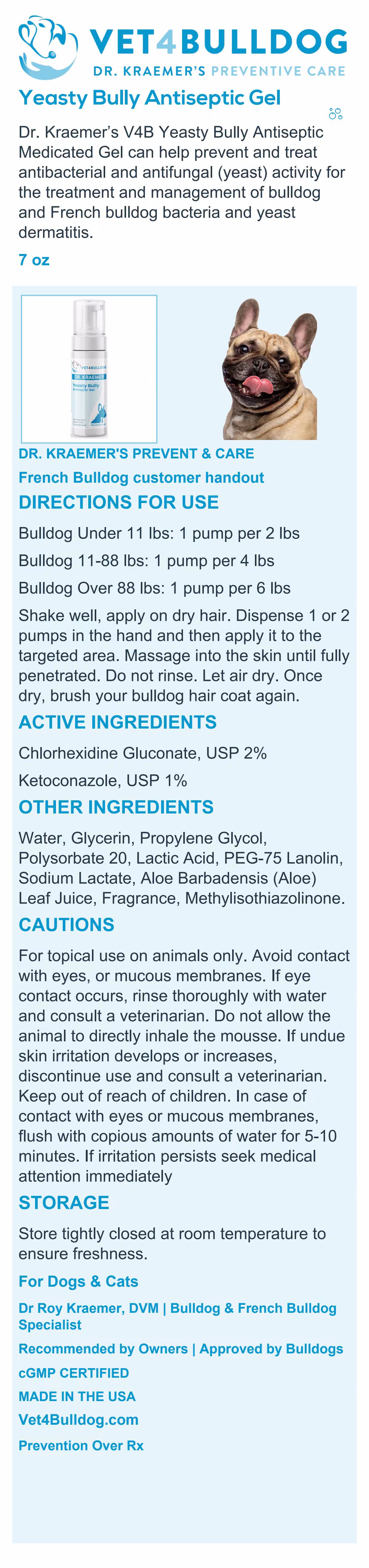 French Bulldog Yeasty Bully no-rinse gel handout with current pump bottle, weight-based pump directions, ingredients and cautions.