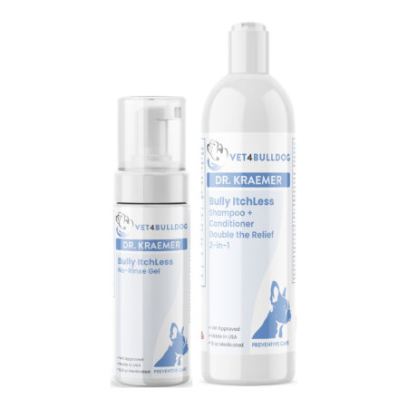 ItchLess Bully Skincare Basic Bundle with Bully ItchLess No Rinse Gel, Bully ItchLess 2-in-1 Shampoo + Conditioner on a white background.