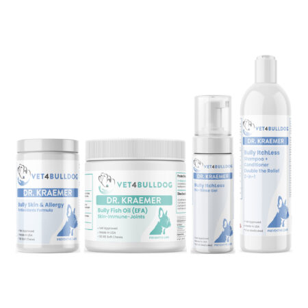 ItchLess Bully ULTIMATE Bundle with Bully Skin and Ears Allergy Chews, Bully Fish Oil EFA (Sm-Med | 60 Chews), Bully ItchLess No Rinse Gel, Bully ItchLess 2-in-1 Shampoo + Conditioner on a white background.