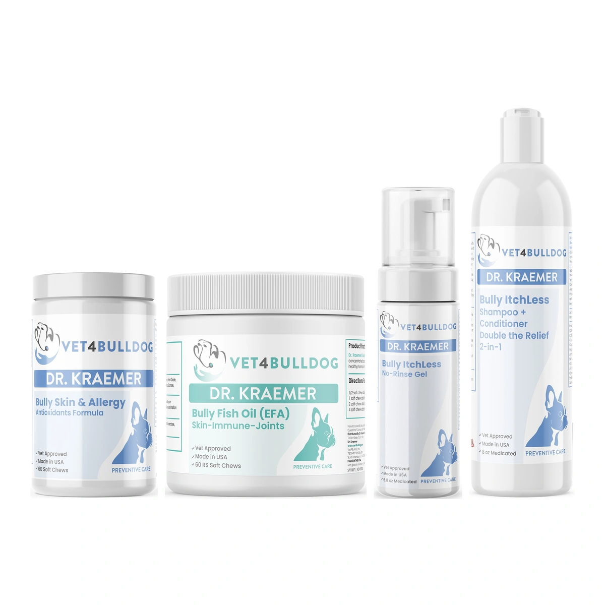 Bully ItchLess Ultimate Bundle with skin and ear chews, fish oil, spray and conditioner.