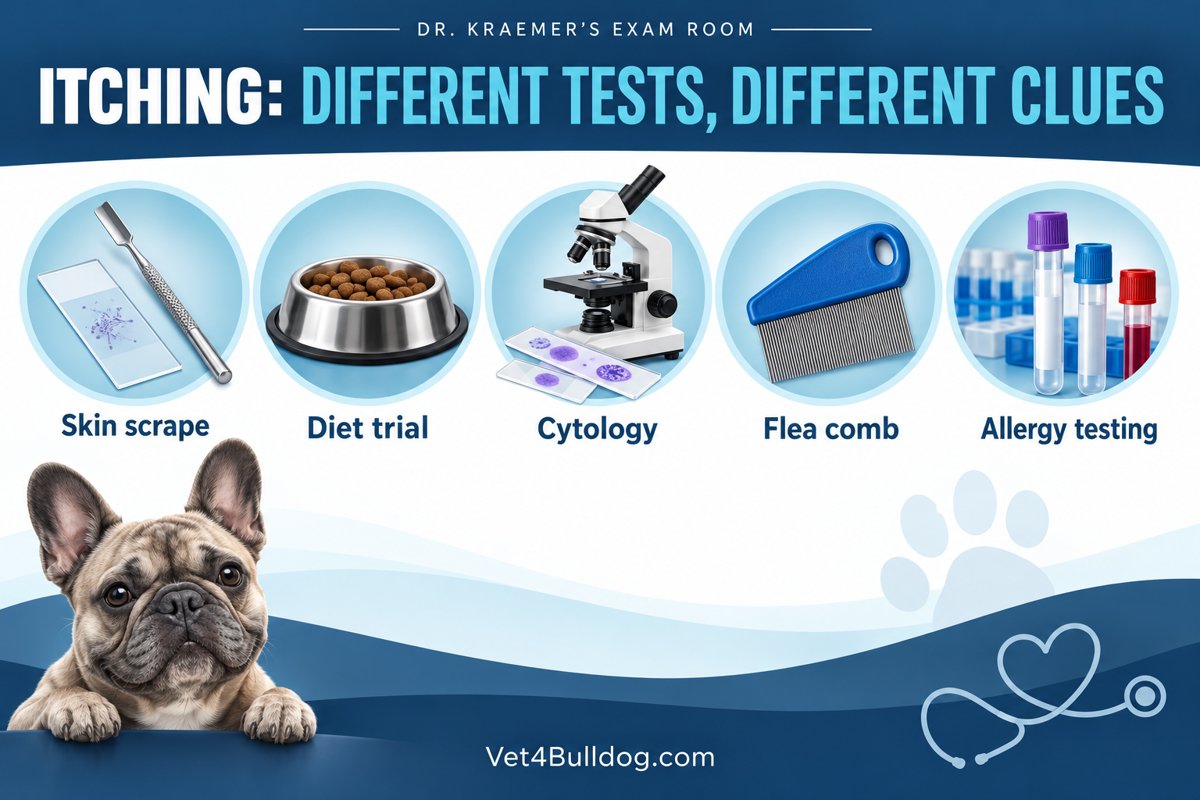Conceptual overview of skin scrape, diet trial, cytology, flea comb and allergy testing for an itchy Bulldog