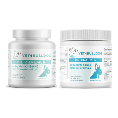 Joints Tendons, Bones, & Vertebra Vital Bundle 59lb and Under with Bully Fish Oil EFA DS (Sm-Med-Lg / 90 DS-chews), Joint & Bone Total Care (59lb & Under / 84 Chews) on a white background.
