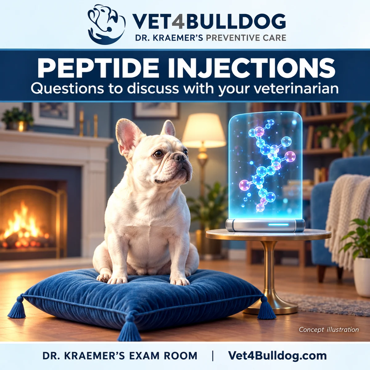 French Bulldog beside a conceptual amino-acid display: peptide injection questions for your veterinarian