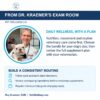Dr. Roy Kraemer holding a French Bulldog beside guidance for a consistent daily wellness routine.