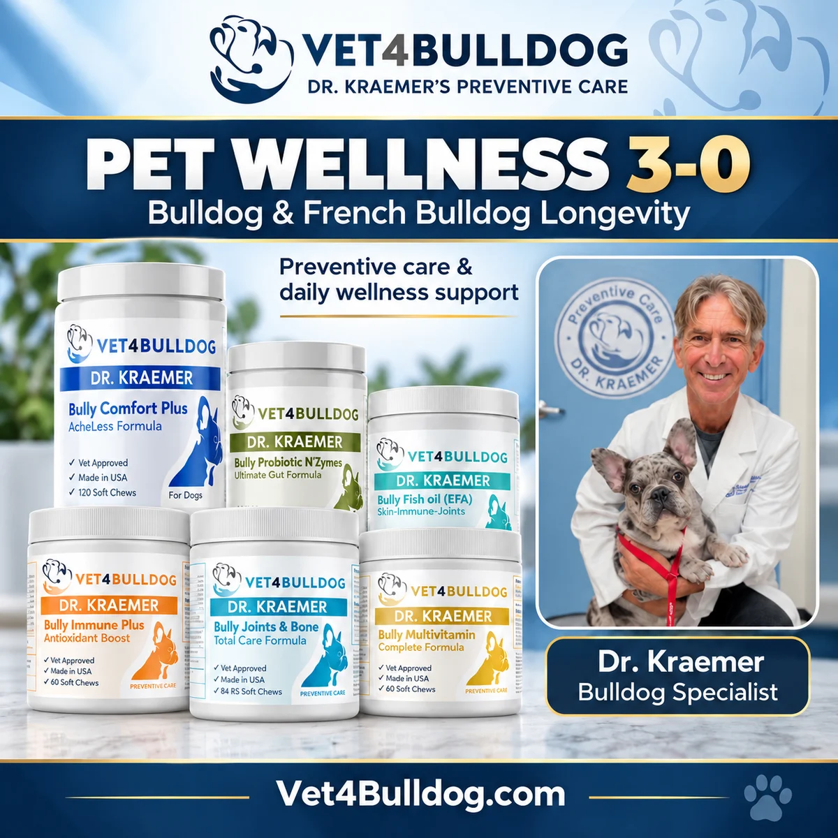 Dr. Kraemer with current-label preventive-care products: Pet Wellness 3-0