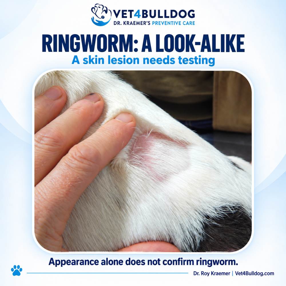 Dr. Kraemer’s Bulldog ringworm skin lesion photograph in a veterinary diagnosis guide