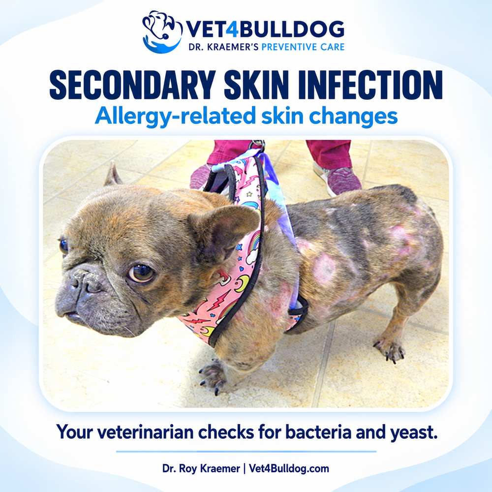Dr. Kraemer’s Bulldog secondary skin infection photograph showing allergy-related skin changes