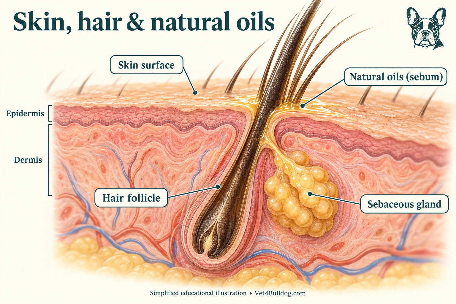 Simplified illustration of canine skin showing a hair follicle, sebaceous gland, and natural oils reaching the skin surface.