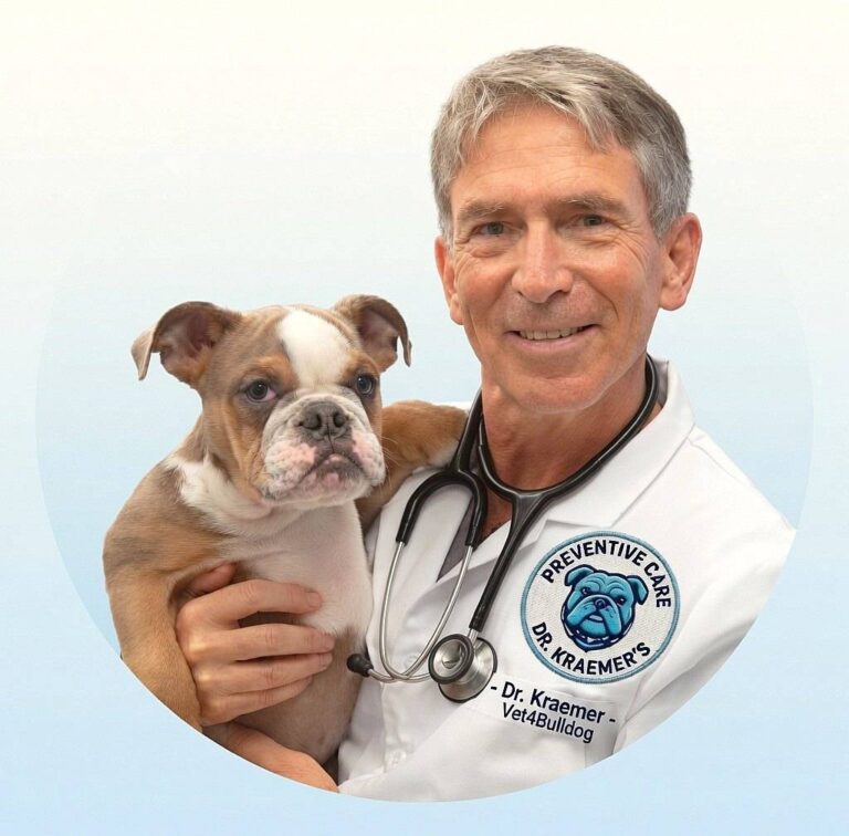 Dr. Roy Kraemer in his white coat holding a Bulldog