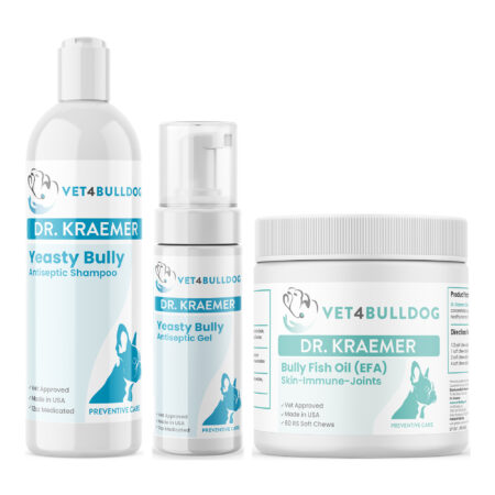 Yeasty Bully Antiseptic Skin Care Essential Bundle with Yeasty Bully Antiseptic Shampoo, Yeasty Bully Antiseptic No-Rinse Medicated Gel, Bully Fish Oil EFA (Sm-Med | 60 Chews) on a white background.