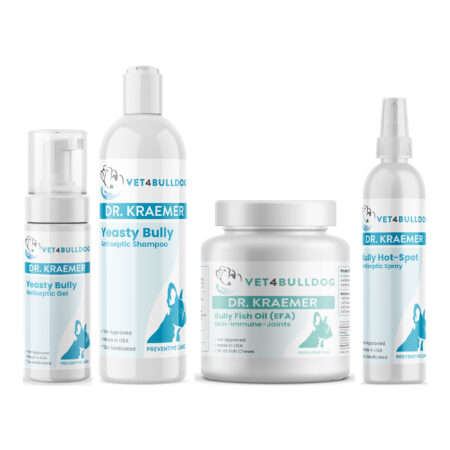 Yeasty Bully Antiseptic Skincare ULTIMATE Bundle with Yeasty Bully Antiseptic No-Rinse Medicated Gel, Yeasty Bully Antiseptic Shampoo, Bully Fish Oil EFA DS (Sm-Med-Lg / 90 DS-chews), Yeasty Bully Antiseptic Hot Spot Spray on a white background.