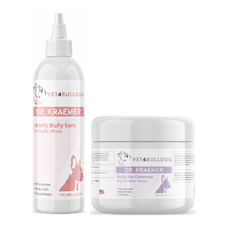 Yeasty Bully Ears Antiseptic Basic Care Bundle with Yeasty Bully Antiseptic Ear Rinse, Bully Advanced Ear Cleansing Wipes on a white background.