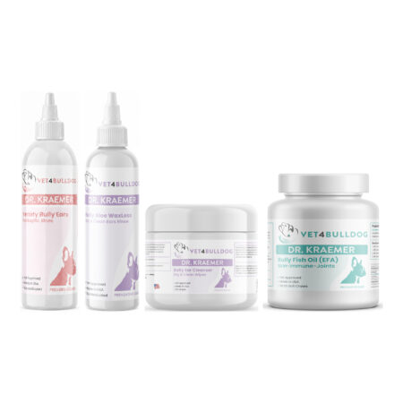 Yeasty Bully Ears Antiseptic ULTIMATE Bundle with Yeasty Bully Antiseptic Ear Rinse, Bully WaxLess Aloe Vera Ear Rinse, Bully Advanced Ear Cleansing Wipes, Bully Fish Oil EFA DS (Sm-Med-Lg / 90 DS-chews) on a white background.